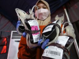 Petugas mengumpulkan stok darah hasil donor darah bukan K3 dunia