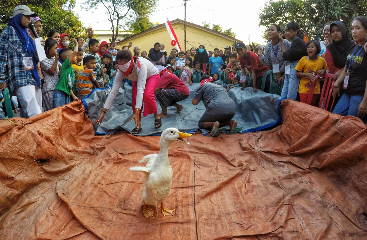 Lomba tangkap bebek mata ditutup, salah satu lomba 17an unik dan lucu. Foto/Fajar Mujianto