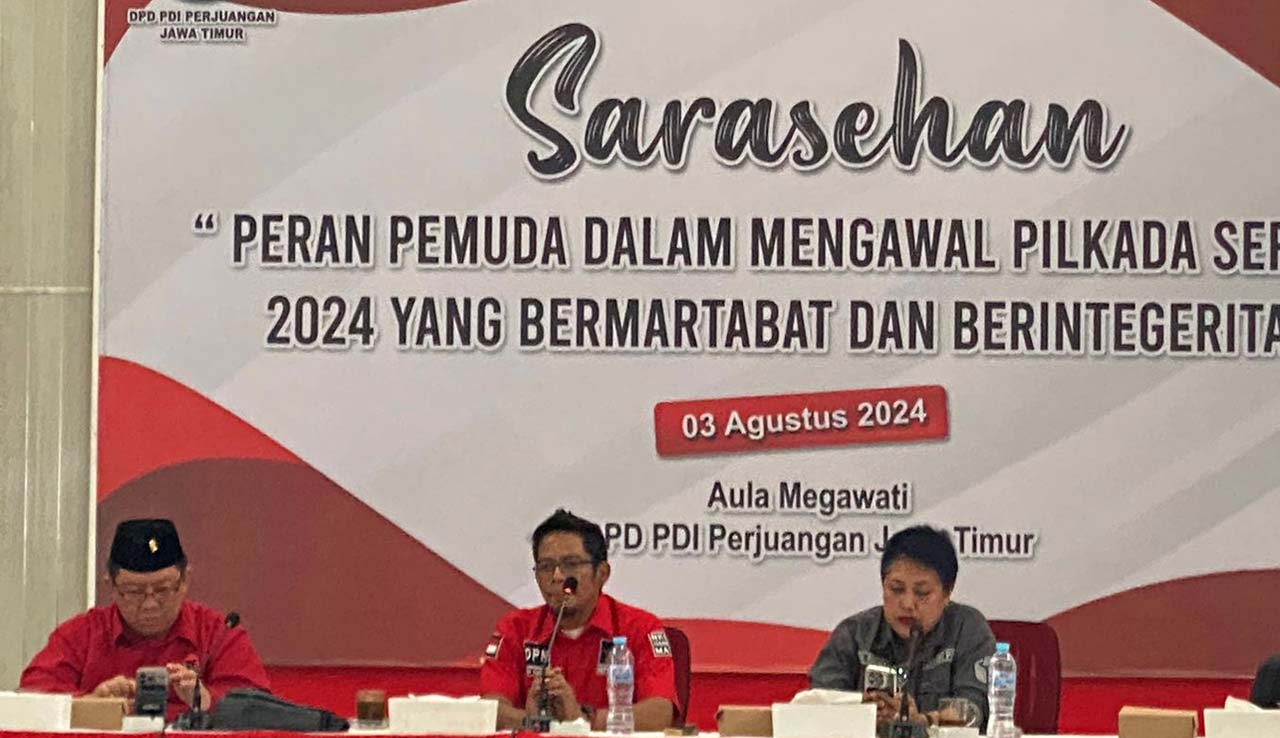Sarasehan Peran Pemuda Mengawal Pilkada Serentak 2024 yang Bermartabat dan Berintegritas digelar di kantor DPD PDI Perjuangan Jawa Timur. Foto/Repdem