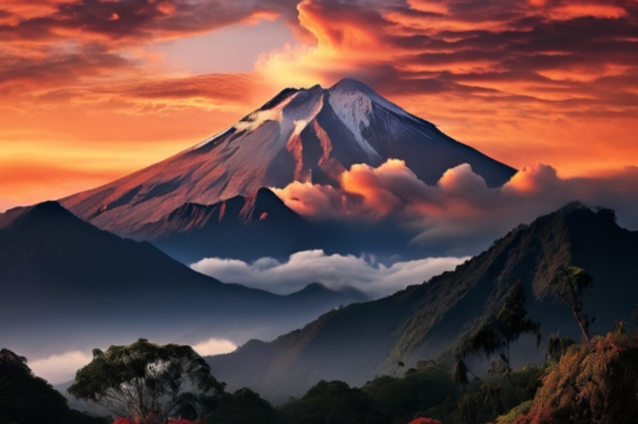 Gunung Raung erupsi dan memuntahkan abu vulkanik hingga radius dua kilometer pada Selasa (24/12/2024). Foto/ilustrasi AI