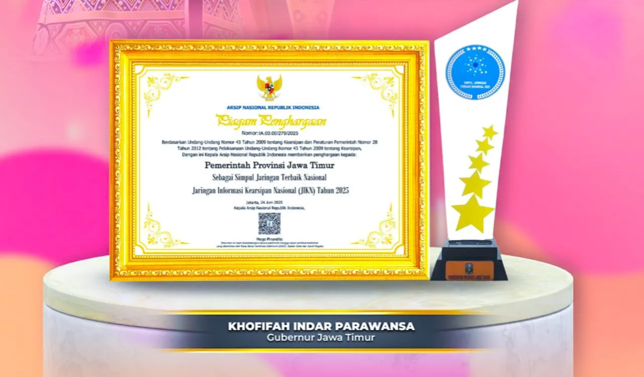 Pemprov Jatim Raih Penghargaan Simpul Jaringan Terbaik dalam pengelolaan Jaringan Informasi Kearsipan Nasional (JIKN)