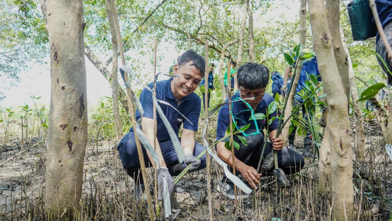 Penanaman ratusan bibit mangrove di kawasan hutan mangrove Wonorejo, Surabaya, Jumat (07/2/2025). Foto/Dok PT PAL