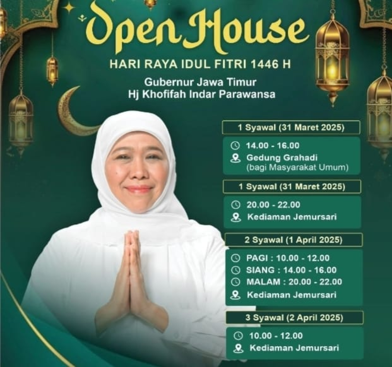 Jadwal dan Tempat Open House Gubernur Khofifah. foto: Khofifah for ayojatim