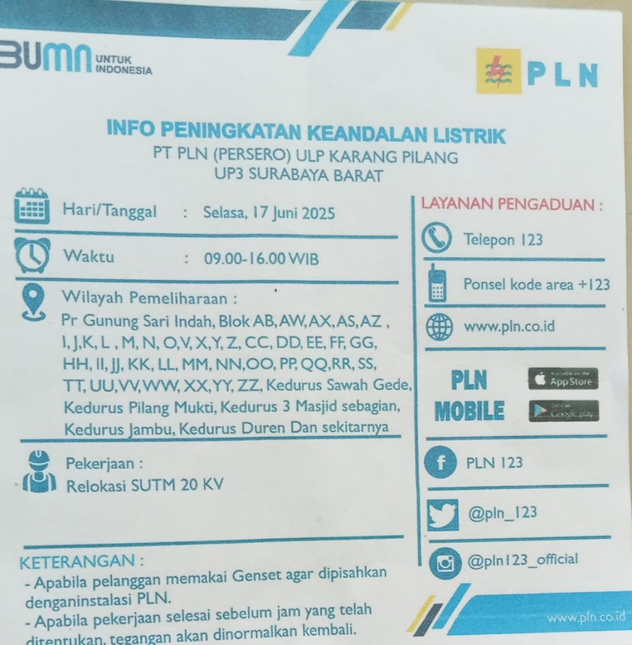 Info Pemadaman listrik dari PT PLN (Persero) ULP Karang Pilang UP3 Surabaya Barat. foto: ist/ayojatim.