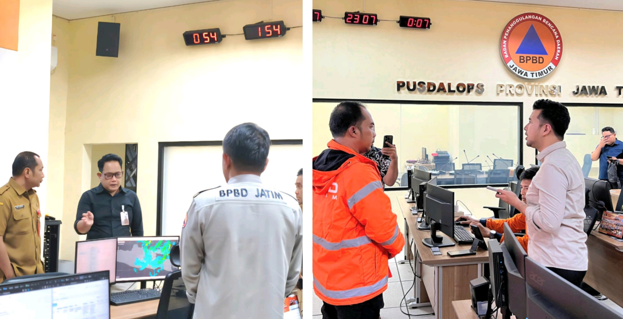 Wagub Emil dan Sekdaprov Adhy Karyono pantau perkembangan bencana melalui Pusdalops PB BPBD Jatim. foto: BPBD Jatim for ayojatim.