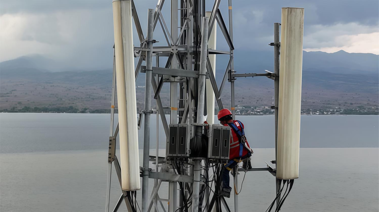 Teknisi Smartfren sedang melakukan penguatan jaringan di salah satu lokasi BTS di Nusa Tenggara Barat. Foto/XLSMART