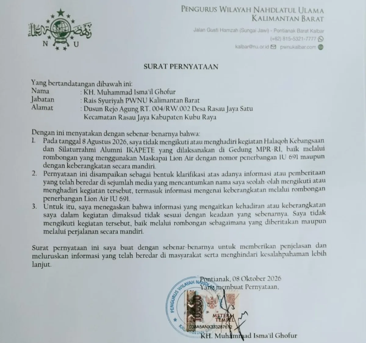 Tanggapi PCNU Sekadau, Klarifikasi KH Ismail Ghofur: Demi Marwah NU, Kami Tak Hadir di Agenda Pengondisian Muktamar